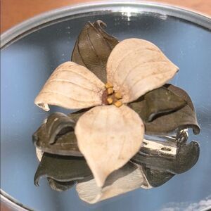 Vintage Floral Leather Brooch in Cream and Green